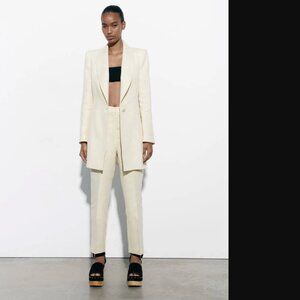 ZARA WOMEN CREAM GOLD METALLIC THREAD LONG BLAZER SIZE L NWT